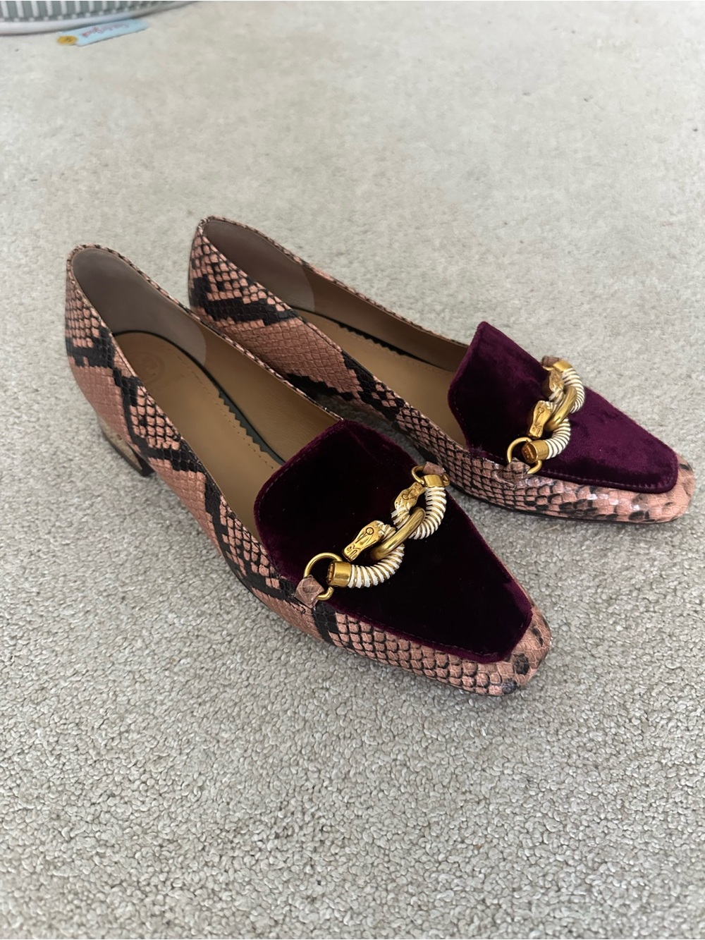Tory Burch Women's Velvet and Snake-Print Loafers in Burgundy and Pink - Picture 7 of 12